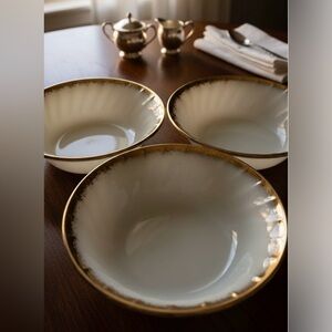 Vintage Fire-King Swirl Milk Glass Bowls with 22k Gold Trim – Set of 3 – USA